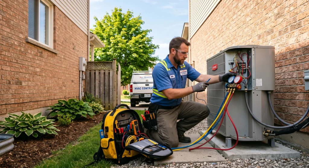 Picture of a technician checking refrigerant lines