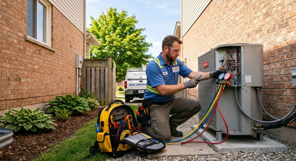 Picture of a technician servicing an outdoor AC unit