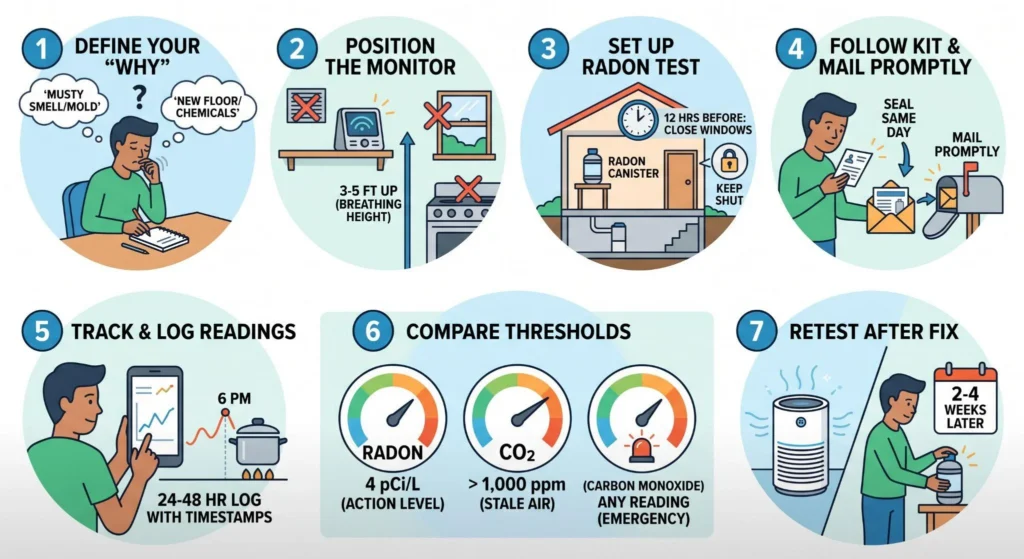 Picture of a chart explaining how to test indoor air quality