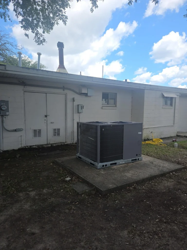 Picture of a commercial HVAC unit outside a white building