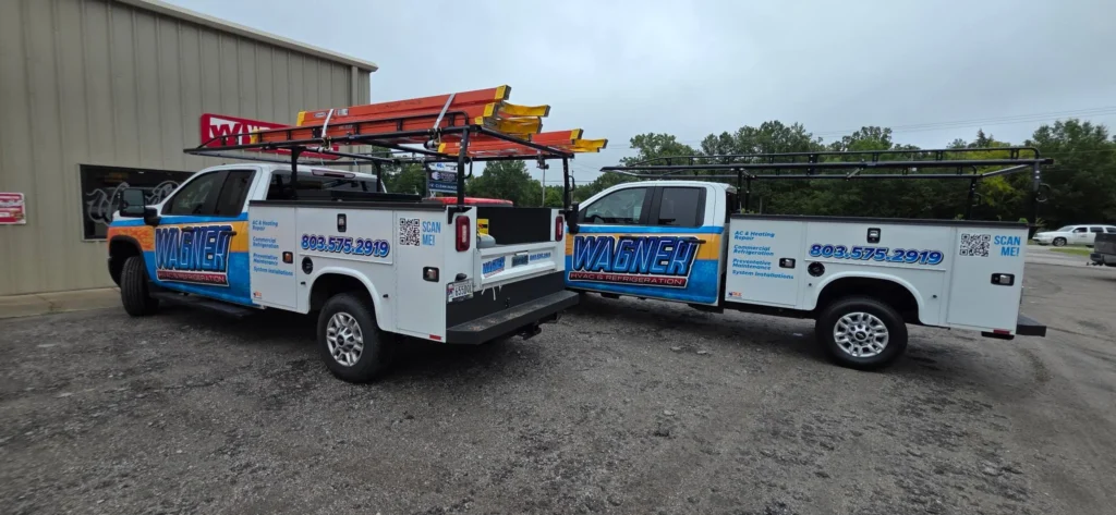Picture of a fleet of Wagner HVAC trucks