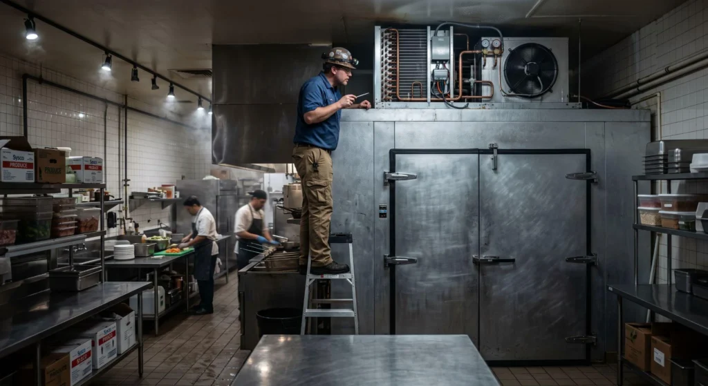 Picture of a repairman on a ladder fixing a walk in cooler