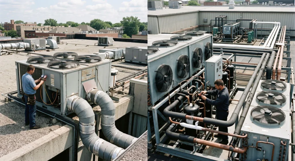 Picture of a split photo of technicians working on rooftop units