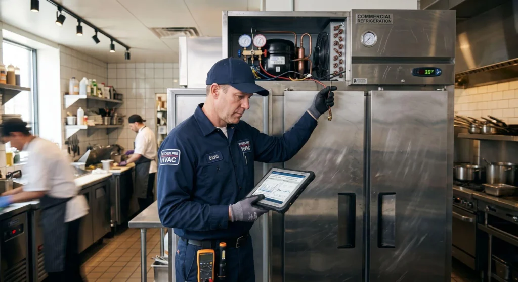 Picture of a technician fixing a refrigerator