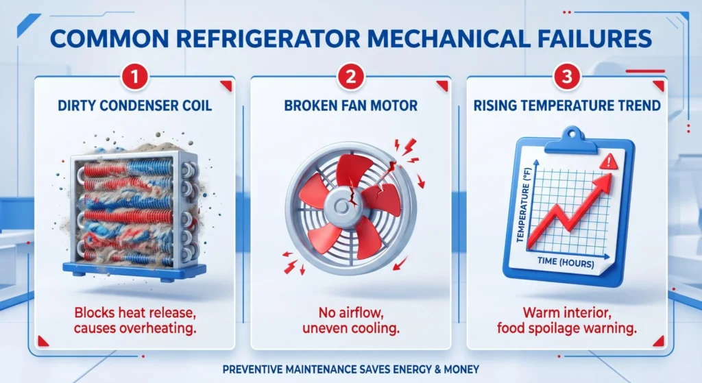 picture of a graphic showing common refrigerator mechanical failures