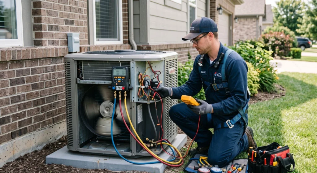 picture of a technician testing an ac condenser with a multimeter