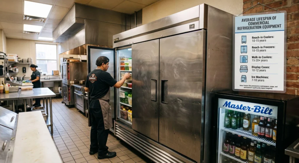 picture of a worker opening a large commercial stainless steel refrigerator