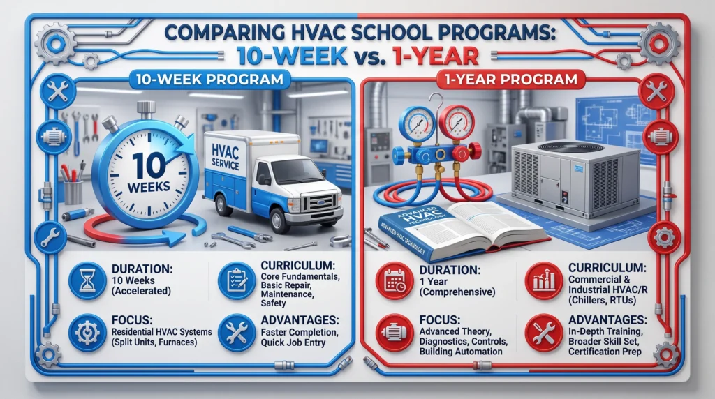 picture of an infographic comparing 10 week vs 1 year hvac school programs