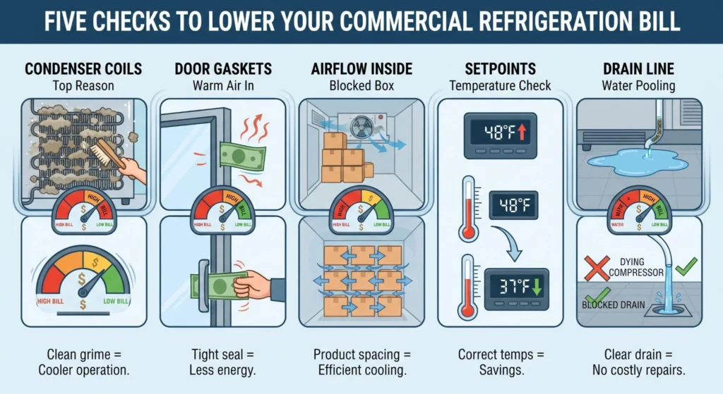 picture of an infographic showing five checks to lower refrigeration bills