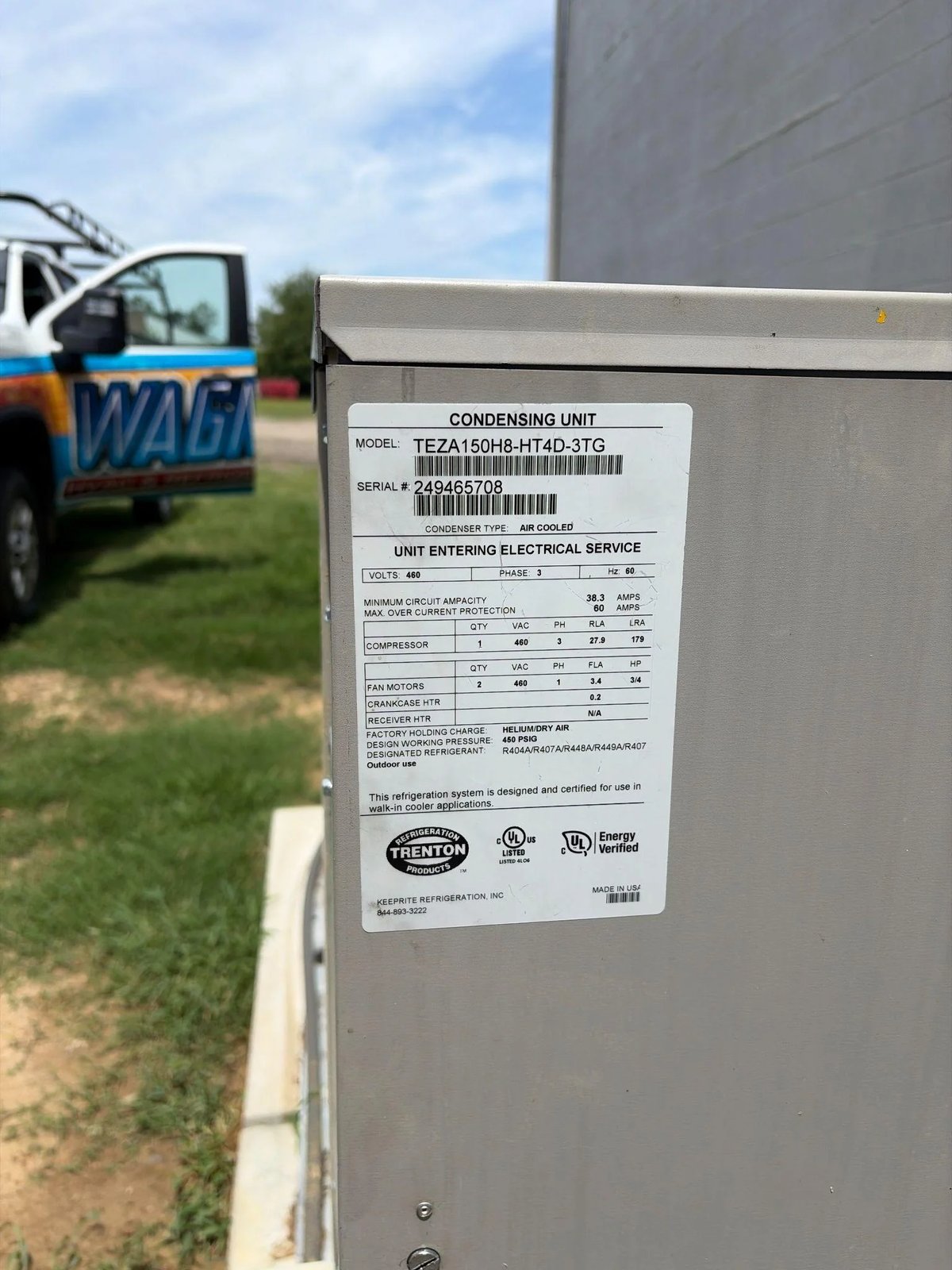 Picture of a condensing unit electrical specification label