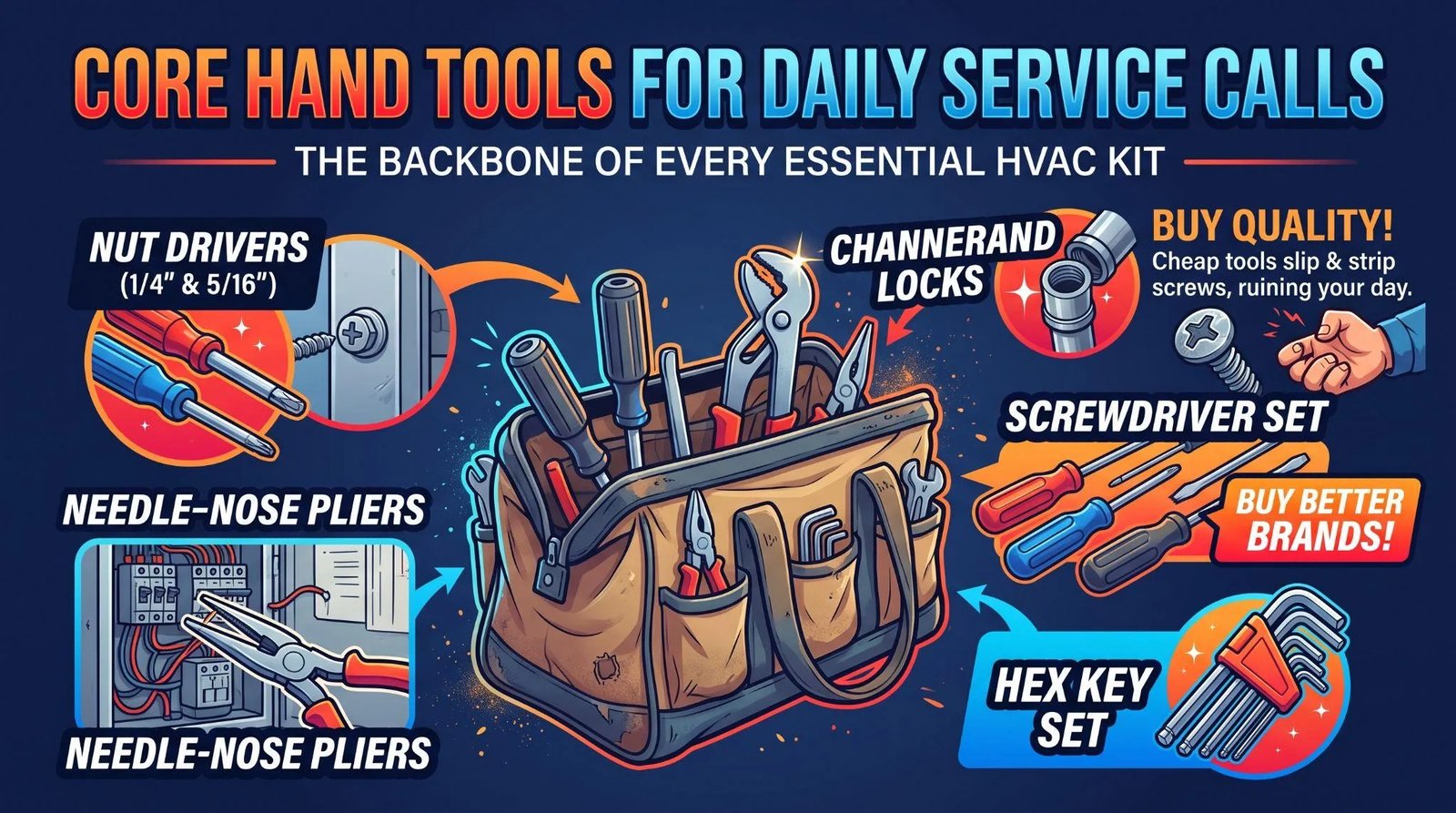 Picture of an infographic showing core hand tools for HVAC service calls