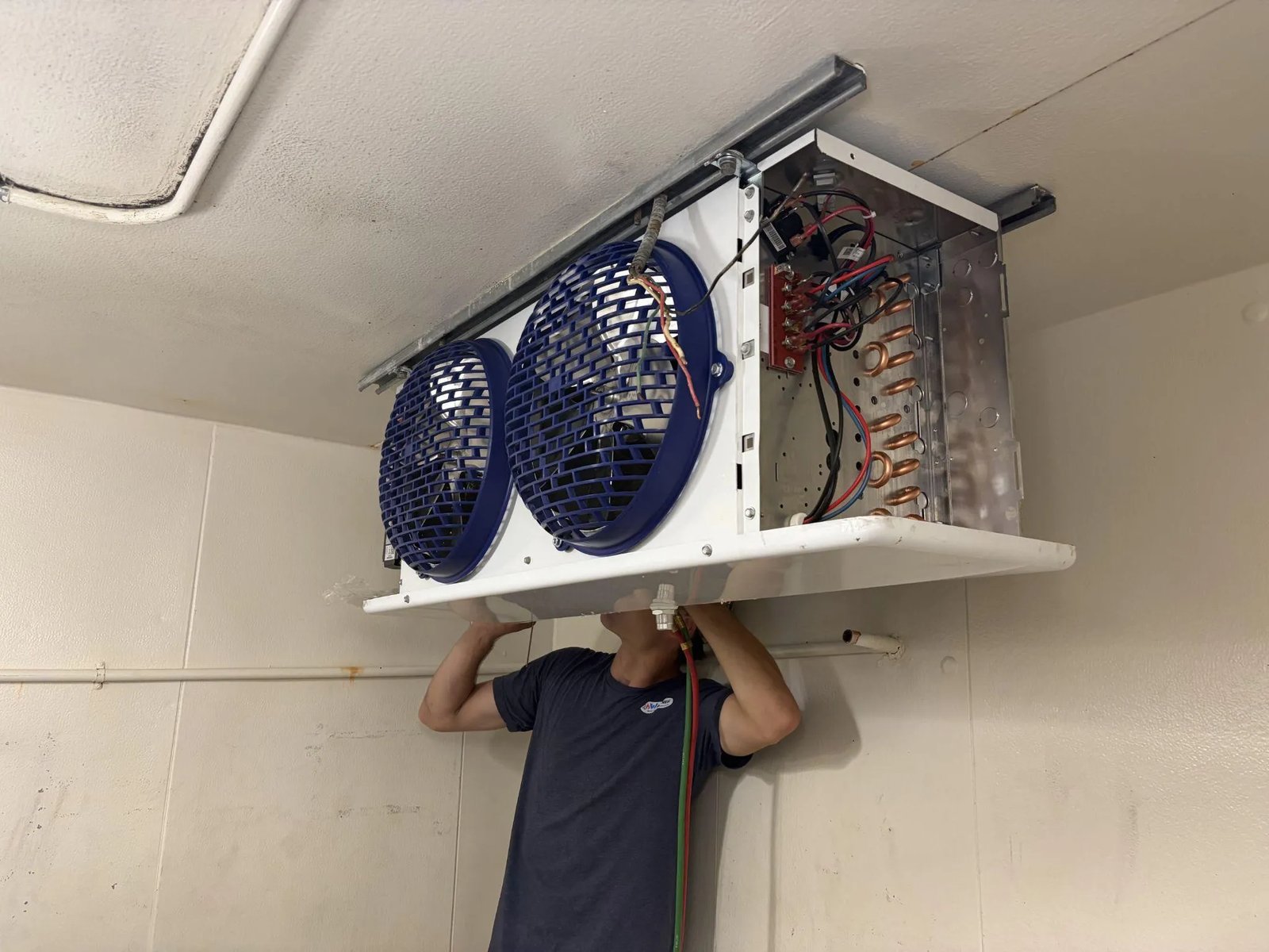 Picture of a technician working on a walk-in cooler evaporator fan unit